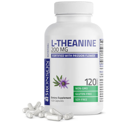 Bronson L-Theanin 200mg (Doppelte Stärke) mit Passionsblumenkraut – Stressmanagement, Nicht-GMO, Glutenfrei, Sojafrei, 120 Kapseln