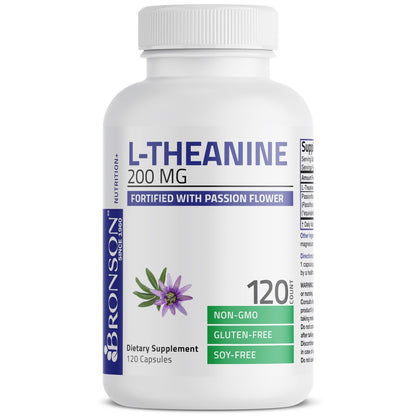 Bronson L-Theanin 200mg (Doppelte Stärke) mit Passionsblumenkraut – Stressmanagement, Nicht-GMO, Glutenfrei, Sojafrei, 120 Kapseln