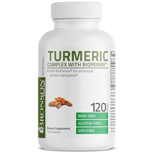 Bronson Kurkuma Curcumin mit BioPerin – Hochdosiertes Premium-Gelenkunterstützung mit 95% standardisierten Curcuminoiden – Non-GMO Kapseln mit schwarzem Pfeffer – 120 Stück