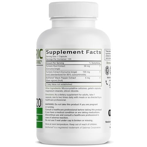 Bronson Kurkuma Curcumin mit BioPerin – Hochdosiertes Premium-Gelenkunterstützung mit 95% standardisierten Curcuminoiden – Non-GMO Kapseln mit schwarzem Pfeffer – 120 Stück