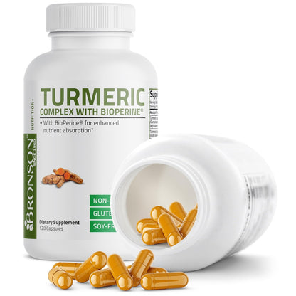 Bronson Kurkuma Curcumin mit BioPerin – Hochdosiertes Premium-Gelenkunterstützung mit 95% standardisierten Curcuminoiden – Non-GMO Kapseln mit schwarzem Pfeffer – 120 Stück
