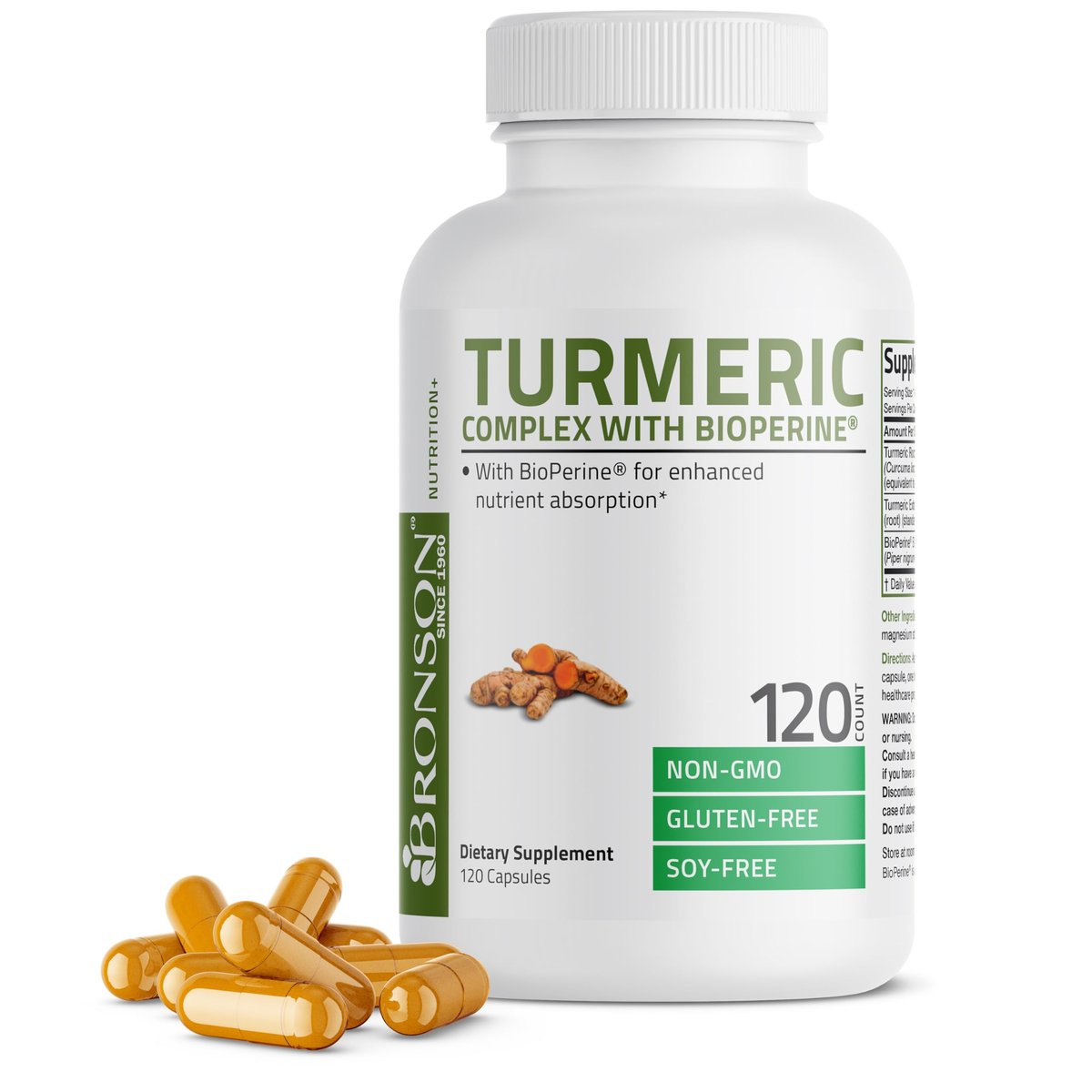 Bronson Kurkuma Curcumin mit BioPerin – Hochdosiertes Premium-Gelenkunterstützung mit 95% standardisierten Curcuminoiden – Non-GMO Kapseln mit schwarzem Pfeffer – 120 Stück