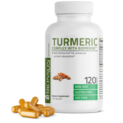 Bronson Kurkuma Curcumin mit BioPerin – Hochdosiertes Premium-Gelenkunterstützung mit 95% standardisierten Curcuminoiden – Non-GMO Kapseln mit schwarzem Pfeffer – 120 Stück