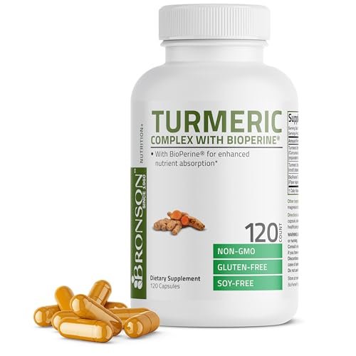 Bronson Kurkuma Curcumin mit BioPerin – Hochdosiertes Premium-Gelenkunterstützung mit 95% standardisierten Curcuminoiden – Non-GMO Kapseln mit schwarzem Pfeffer – 120 Stück