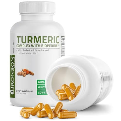 Bronson Kurkuma Curcumin mit BioPerin – Hochdosiertes Premium-Gelenkunterstützung mit 95% standardisierten Curcuminoiden – Non-GMO Kapseln mit schwarzem Pfeffer – 120 Stück