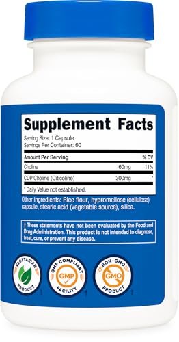 Nutricost CDP Cholin (Citicolin) 300mg, 60 vegane Kapseln – Non-GMO, veganfreundlich, glutenfrei