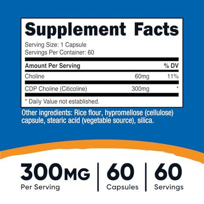 Nutricost CDP Cholin (Citicolin) 300mg, 60 vegane Kapseln – Non-GMO, veganfreundlich, glutenfrei