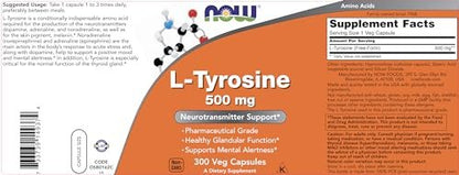 Now Foods L-Tyrosin 500 mg, 300 Kapseln – Nicht-GVO – Unterstützt geistige Wachsamkeit – Freiform-Supplement