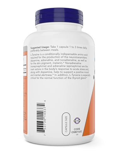 Now Foods L-Tyrosin 500 mg, 300 Kapseln – Nicht-GVO – Unterstützt geistige Wachsamkeit – Freiform-Supplement