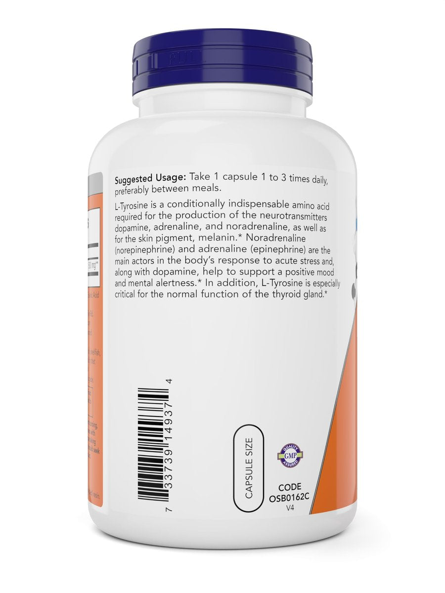 Now Foods L-Tyrosin 500 mg, 300 Kapseln – Nicht-GVO – Unterstützt geistige Wachsamkeit – Freiform-Supplement