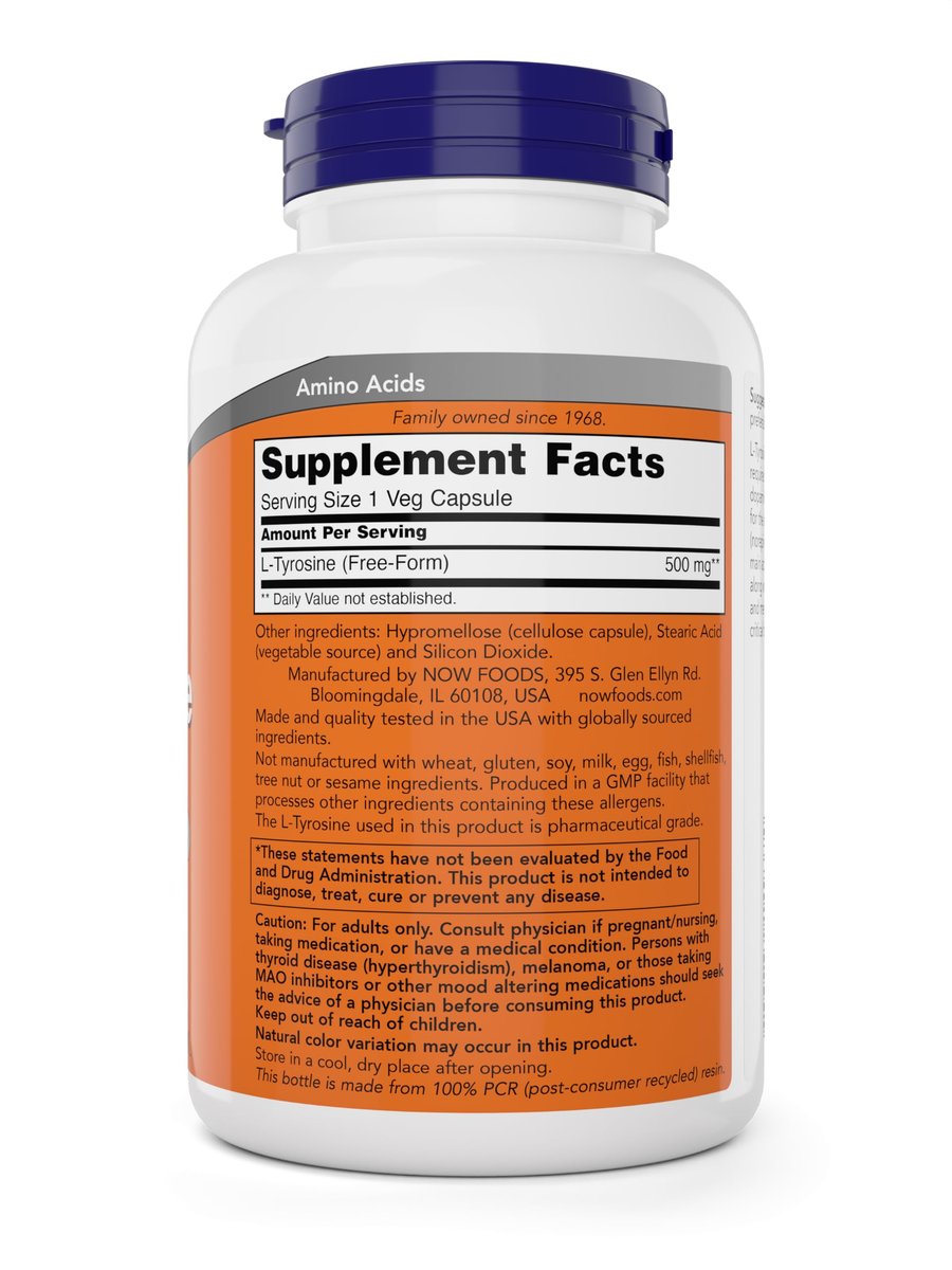 Now Foods L-Tyrosin 500 mg, 300 Kapseln – Nicht-GVO – Unterstützt geistige Wachsamkeit – Freiform-Supplement