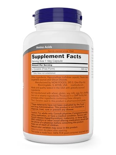 Now Foods L-Tyrosin 500 mg, 300 Kapseln – Nicht-GVO – Unterstützt geistige Wachsamkeit – Freiform-Supplement