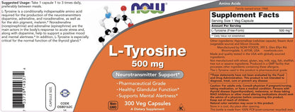 Now Foods L-Tyrosin 500 mg, 300 Kapseln – Nicht-GVO – Unterstützt geistige Wachsamkeit – Freiform-Supplement