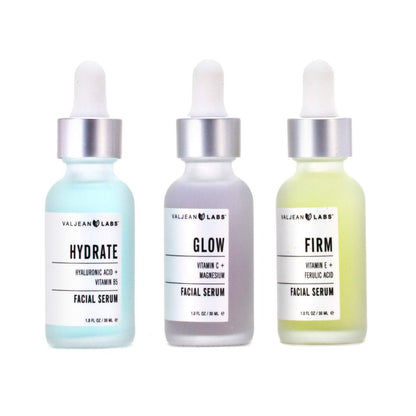 VALJEAN LABS Gesichtsserum Set: Hydrate, Glow & Firm – 3 x 30 ml | Feuchtigkeitsspendend, strahlend, straffend | Parabenfrei