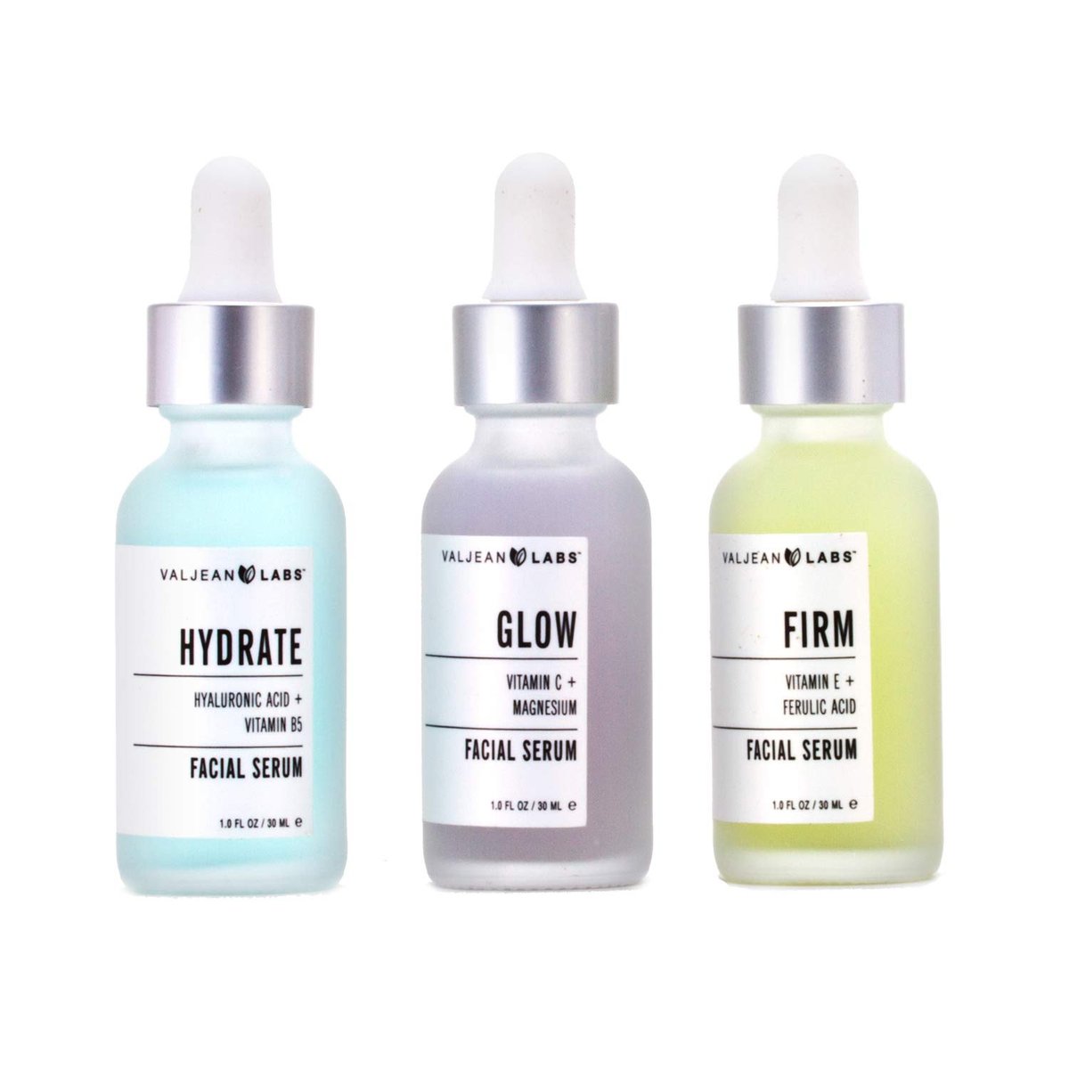 VALJEAN LABS Gesichtsserum Set: Hydrate, Glow & Firm – 3 x 30 ml | Feuchtigkeitsspendend, strahlend, straffend | Parabenfrei