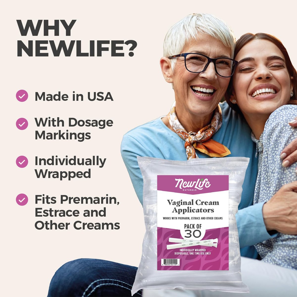 NewLife Naturals Einweg-Vaginalapplikatoren 30er-Pack – Gewindevaginalcreme-Applikatoren mit Dosierungsmarkierungen – einzeln verpackte, saubere Einmalapplikatoren für Gele, Gleitmittel und Cremes – Hergestellt in den USA