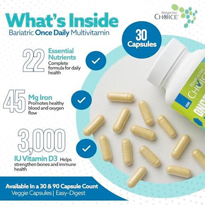 Bariatric Choice Tägliches Bariatrisches Multivitamin mit 45 mg Eisen – Leicht zu schluckende Kapsel – Vitamin für Patienten nach bariatrischer Operation – 30 Kapseln (Monatsvorrat)