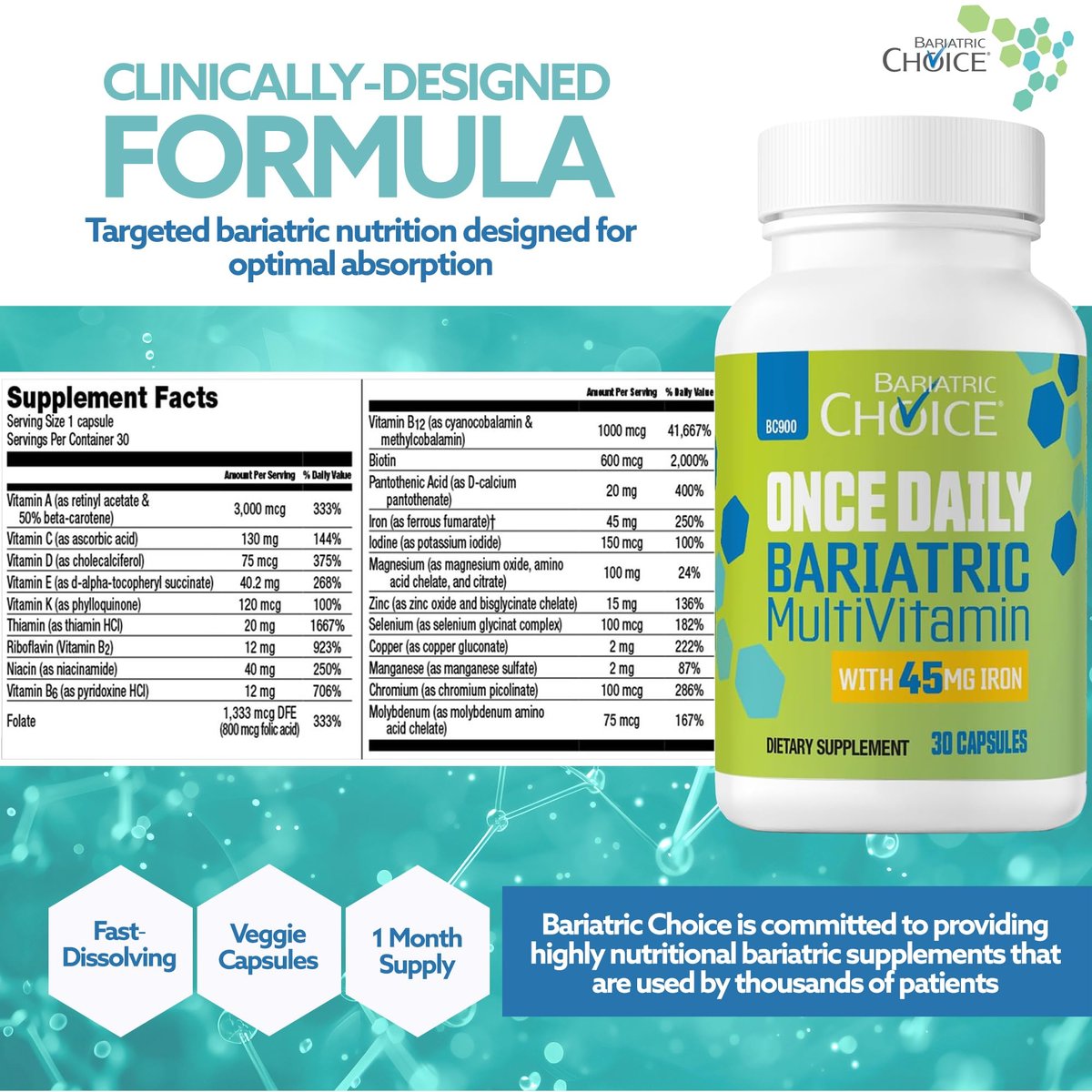 Bariatric Choice Tägliches Bariatrisches Multivitamin mit 45 mg Eisen – Leicht zu schluckende Kapsel – Vitamin für Patienten nach bariatrischer Operation – 30 Kapseln (Monatsvorrat)