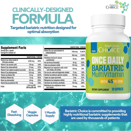 Bariatric Choice Tägliches Bariatrisches Multivitamin mit 45 mg Eisen – Leicht zu schluckende Kapsel – Vitamin für Patienten nach bariatrischer Operation – 30 Kapseln (Monatsvorrat)