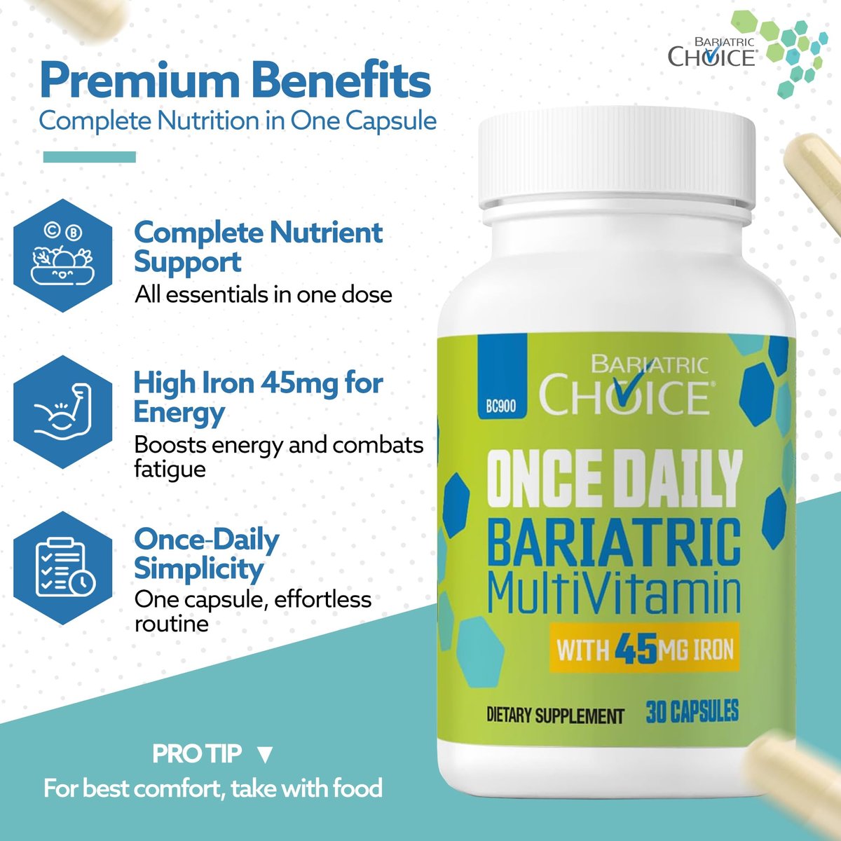 Bariatric Choice Tägliches Bariatrisches Multivitamin mit 45 mg Eisen – Leicht zu schluckende Kapsel – Vitamin für Patienten nach bariatrischer Operation – 30 Kapseln (Monatsvorrat)