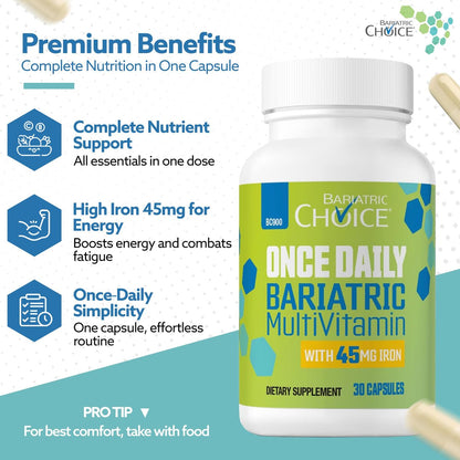 Bariatric Choice Tägliches Bariatrisches Multivitamin mit 45 mg Eisen – Leicht zu schluckende Kapsel – Vitamin für Patienten nach bariatrischer Operation – 30 Kapseln (Monatsvorrat)