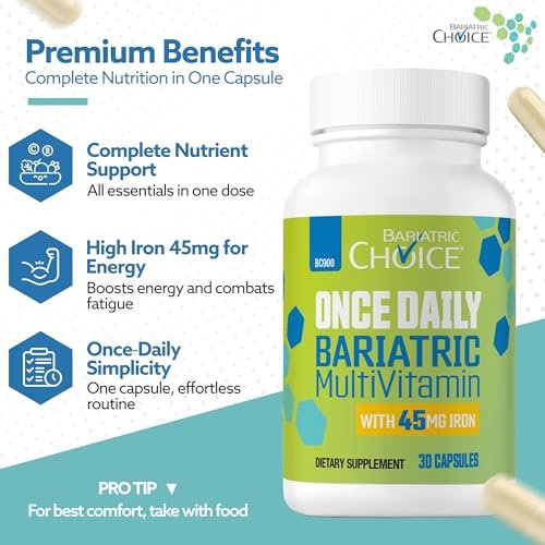 Bariatric Choice Tägliches Bariatrisches Multivitamin mit 45 mg Eisen – Leicht zu schluckende Kapsel – Vitamin für Patienten nach bariatrischer Operation – 30 Kapseln (Monatsvorrat)