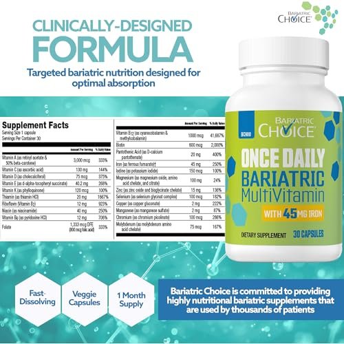Bariatric Choice Tägliches Bariatrisches Multivitamin mit 45 mg Eisen – Leicht zu schluckende Kapsel – Vitamin für Patienten nach bariatrischer Operation – 30 Kapseln (Monatsvorrat)