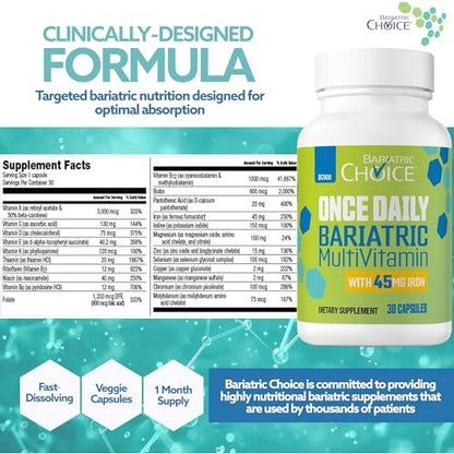 Bariatric Choice Tägliches Bariatrisches Multivitamin mit 45 mg Eisen – Leicht zu schluckende Kapsel – Vitamin für Patienten nach bariatrischer Operation – 30 Kapseln (Monatsvorrat)