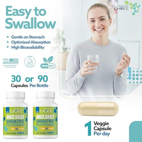 Bariatric Choice Tägliches Bariatrisches Multivitamin mit 45 mg Eisen – Leicht zu schluckende Kapsel – Vitamin für Patienten nach bariatrischer Operation – 30 Kapseln (Monatsvorrat)