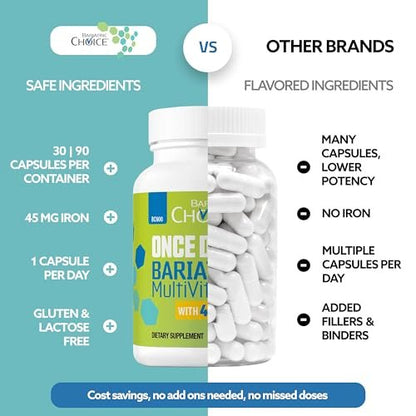 Bariatric Choice Tägliches Bariatrisches Multivitamin mit 45 mg Eisen – Leicht zu schluckende Kapsel – Vitamin für Patienten nach bariatrischer Operation – 30 Kapseln (Monatsvorrat)