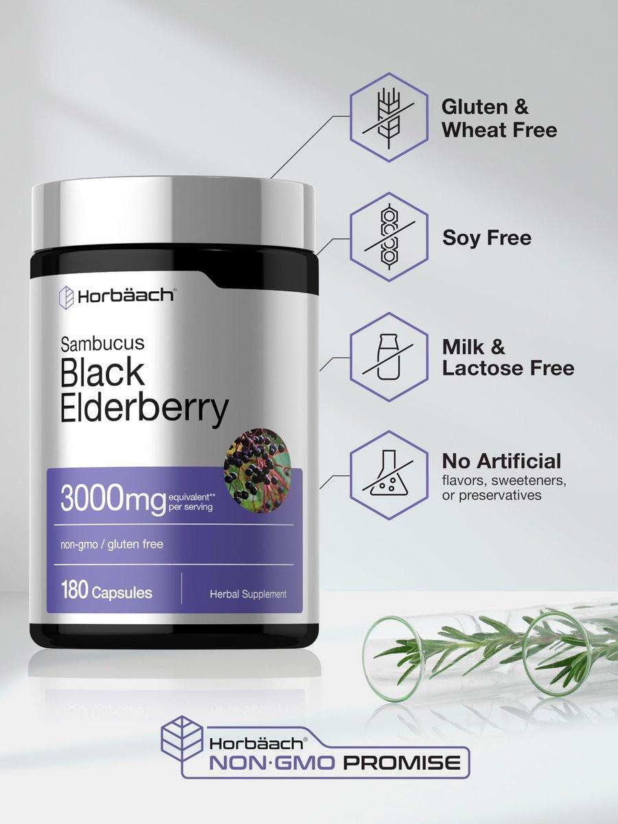 Horbäach Schwarzer Holunder | 180 Kapseln | Sambucus-Extrakt Nahrungsergänzungsmittel | Non-GMO & Glutenfrei