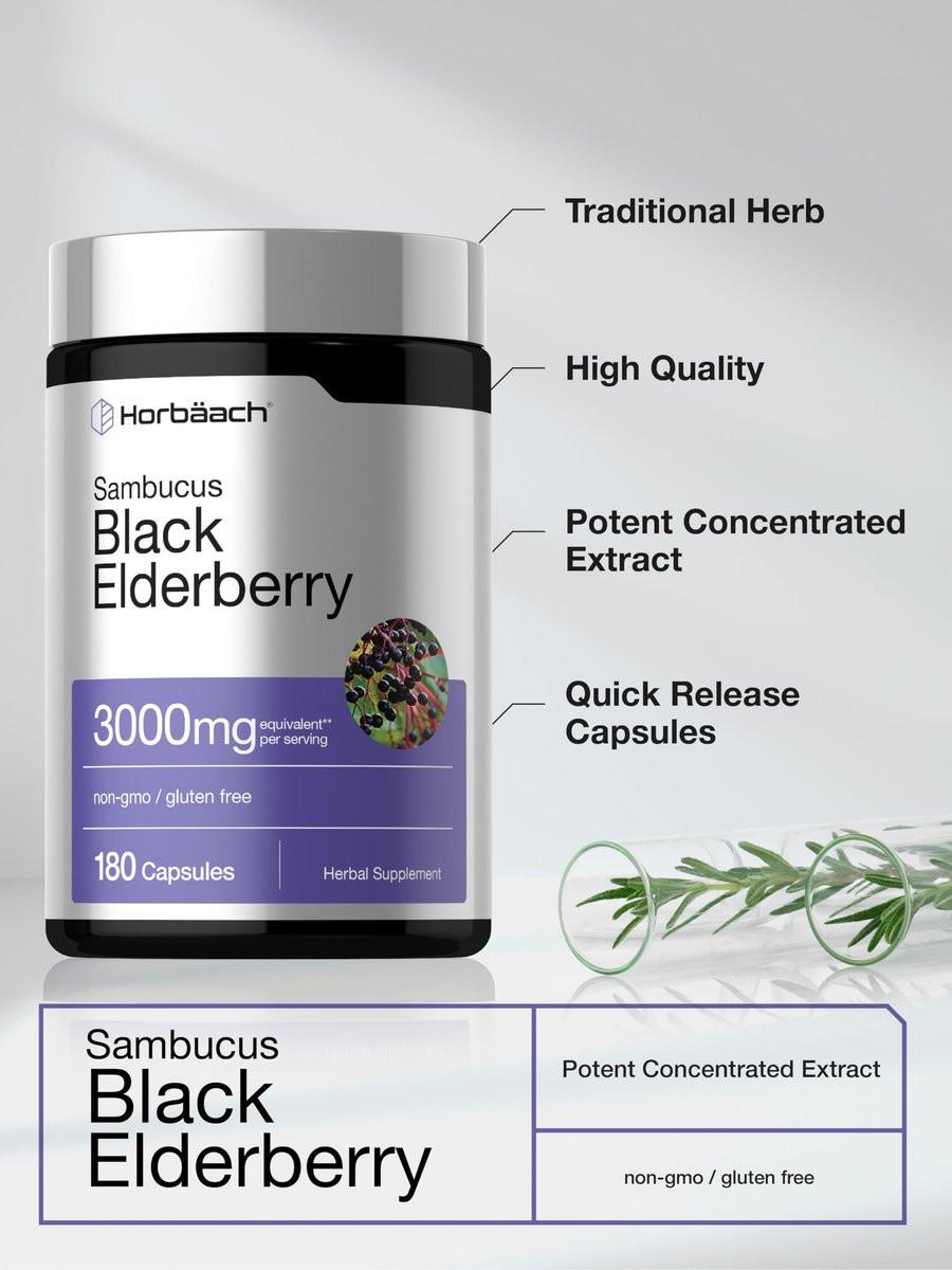Horbäach Schwarzer Holunder | 180 Kapseln | Sambucus-Extrakt Nahrungsergänzungsmittel | Non-GMO & Glutenfrei