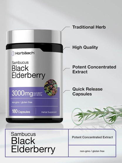 Horbäach Schwarzer Holunder | 180 Kapseln | Sambucus-Extrakt Nahrungsergänzungsmittel | Non-GMO & Glutenfrei