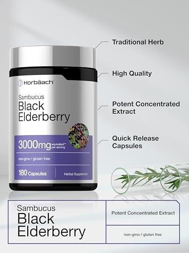 Horbäach Schwarzer Holunder | 180 Kapseln | Sambucus-Extrakt Nahrungsergänzungsmittel | Non-GMO & Glutenfrei