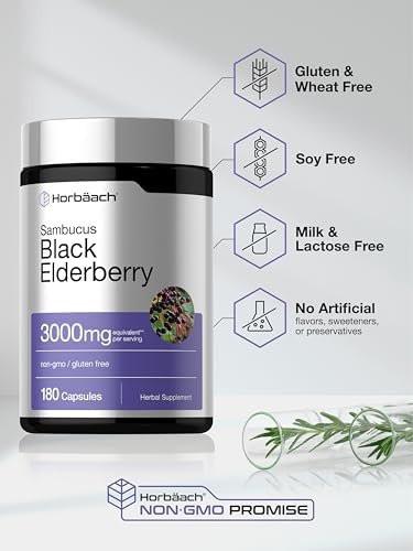 Horbäach Schwarzer Holunder | 180 Kapseln | Sambucus-Extrakt Nahrungsergänzungsmittel | Non-GMO & Glutenfrei