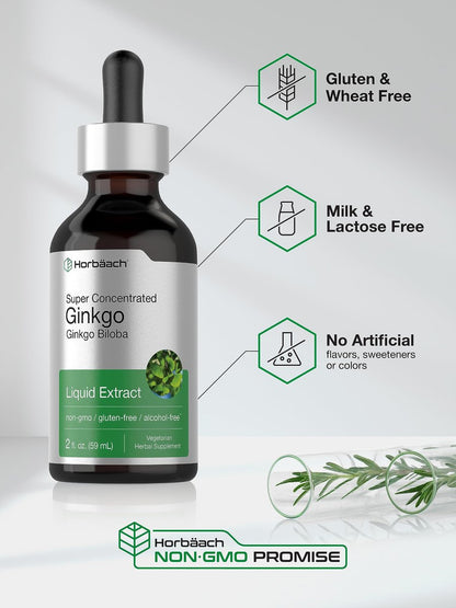 Horbäach Ginkgo Biloba Extrakt Flüssig 60 ml – Alkoholfreies Kräuterergänzungsmittel, Vegetarisch, Nicht-GVO, Glutenfrei