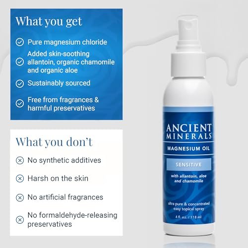 Ancient Minerals Magnesium Öl Spray Sensitiv – Neue Formel mit Allantoin, Bio-Kamille und Bio-Aloe Vera (118 ml)
