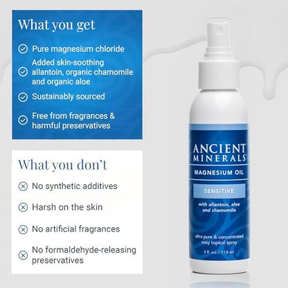 Ancient Minerals Magnesium Öl Spray Sensitiv – Neue Formel mit Allantoin, Bio-Kamille und Bio-Aloe Vera (118 ml)