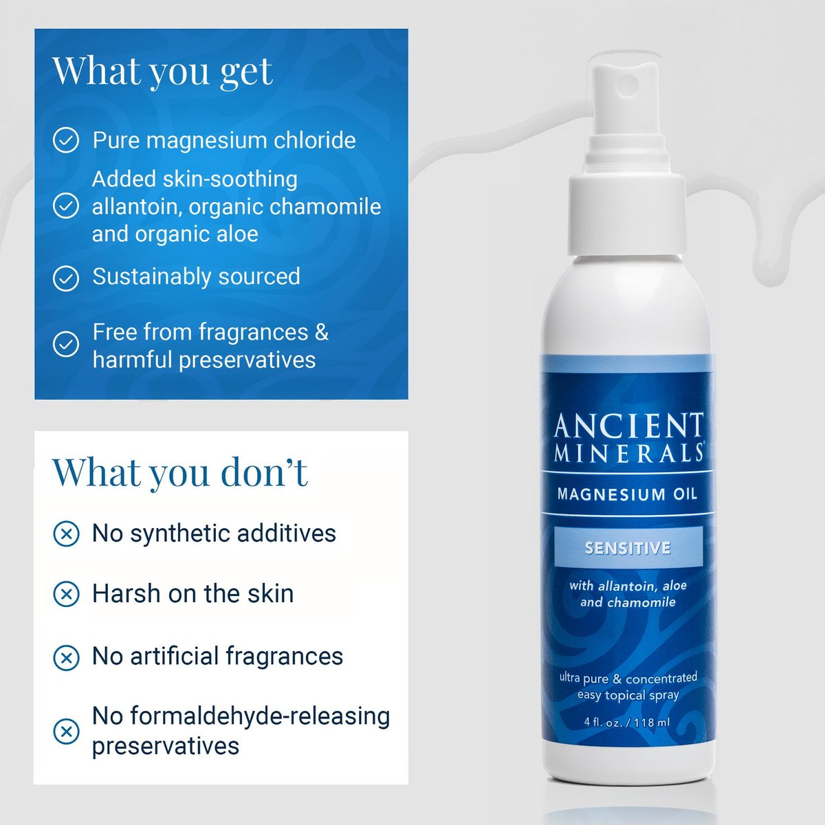 Ancient Minerals Magnesium Öl Spray Sensitiv – Neue Formel mit Allantoin, Bio-Kamille und Bio-Aloe Vera (118 ml)