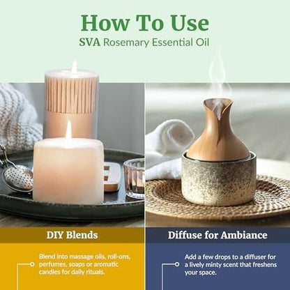 SVA Rosmarin Ätherisches Öl – 118 ml – 100% Natürliches Rosmarinöl für Haare, Gesicht, Hautpflege, Diffuser, Aromatherapie, Kopfhaut, Körpermassage, Seifen- und Kerzenherstellung – mit Pipette