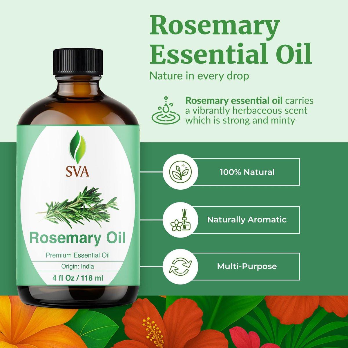 SVA Rosmarin Ätherisches Öl – 118 ml – 100% Natürliches Rosmarinöl für Haare, Gesicht, Hautpflege, Diffuser, Aromatherapie, Kopfhaut, Körpermassage, Seifen- und Kerzenherstellung – mit Pipette