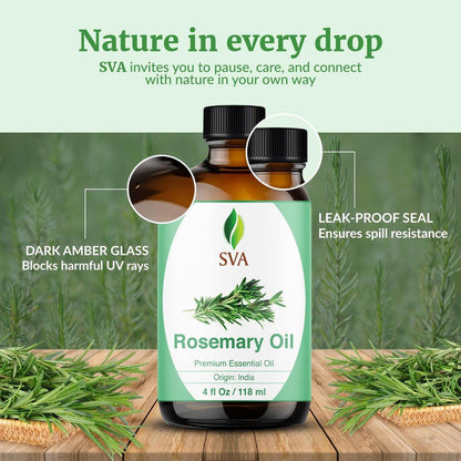 SVA Rosmarin Ätherisches Öl – 118 ml – 100% Natürliches Rosmarinöl für Haare, Gesicht, Hautpflege, Diffuser, Aromatherapie, Kopfhaut, Körpermassage, Seifen- und Kerzenherstellung – mit Pipette