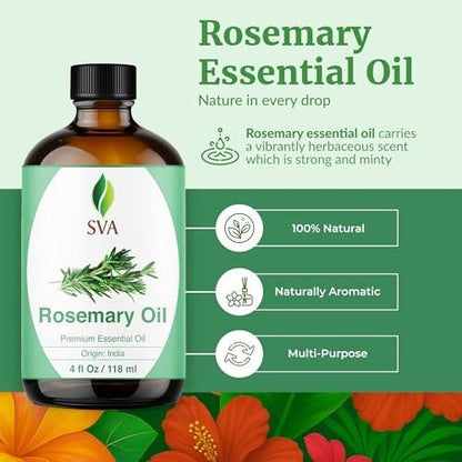 SVA Rosmarin Ätherisches Öl – 118 ml – 100% Natürliches Rosmarinöl für Haare, Gesicht, Hautpflege, Diffuser, Aromatherapie, Kopfhaut, Körpermassage, Seifen- und Kerzenherstellung – mit Pipette