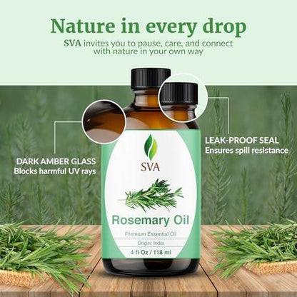 SVA Rosmarin Ätherisches Öl – 118 ml – 100% Natürliches Rosmarinöl für Haare, Gesicht, Hautpflege, Diffuser, Aromatherapie, Kopfhaut, Körpermassage, Seifen- und Kerzenherstellung – mit Pipette