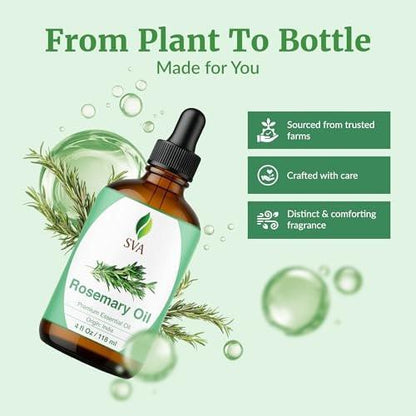 SVA Rosmarin Ätherisches Öl – 118 ml – 100% Natürliches Rosmarinöl für Haare, Gesicht, Hautpflege, Diffuser, Aromatherapie, Kopfhaut, Körpermassage, Seifen- und Kerzenherstellung – mit Pipette