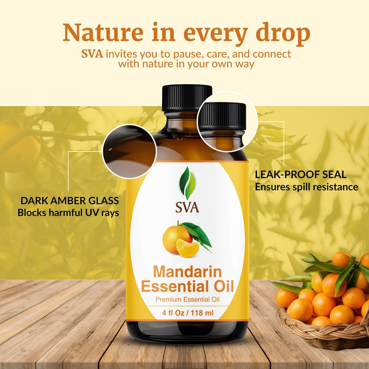SVA Mandarin Bio Ätherisches Öl – 118 ml – 100% natürliches Mandarinenöl für Diffuser, Haarpflege, Gesicht, Hautpflege, Aromatherapie, Kopfhaut- und Körpermassage, Seifen- und Kerzenherstellung – mit Pipette