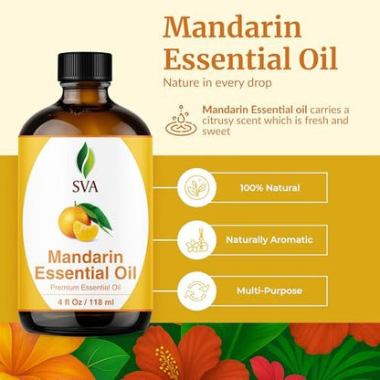SVA Mandarin Bio Ätherisches Öl – 118 ml – 100% natürliches Mandarinenöl für Diffuser, Haarpflege, Gesicht, Hautpflege, Aromatherapie, Kopfhaut- und Körpermassage, Seifen- und Kerzenherstellung – mit Pipette