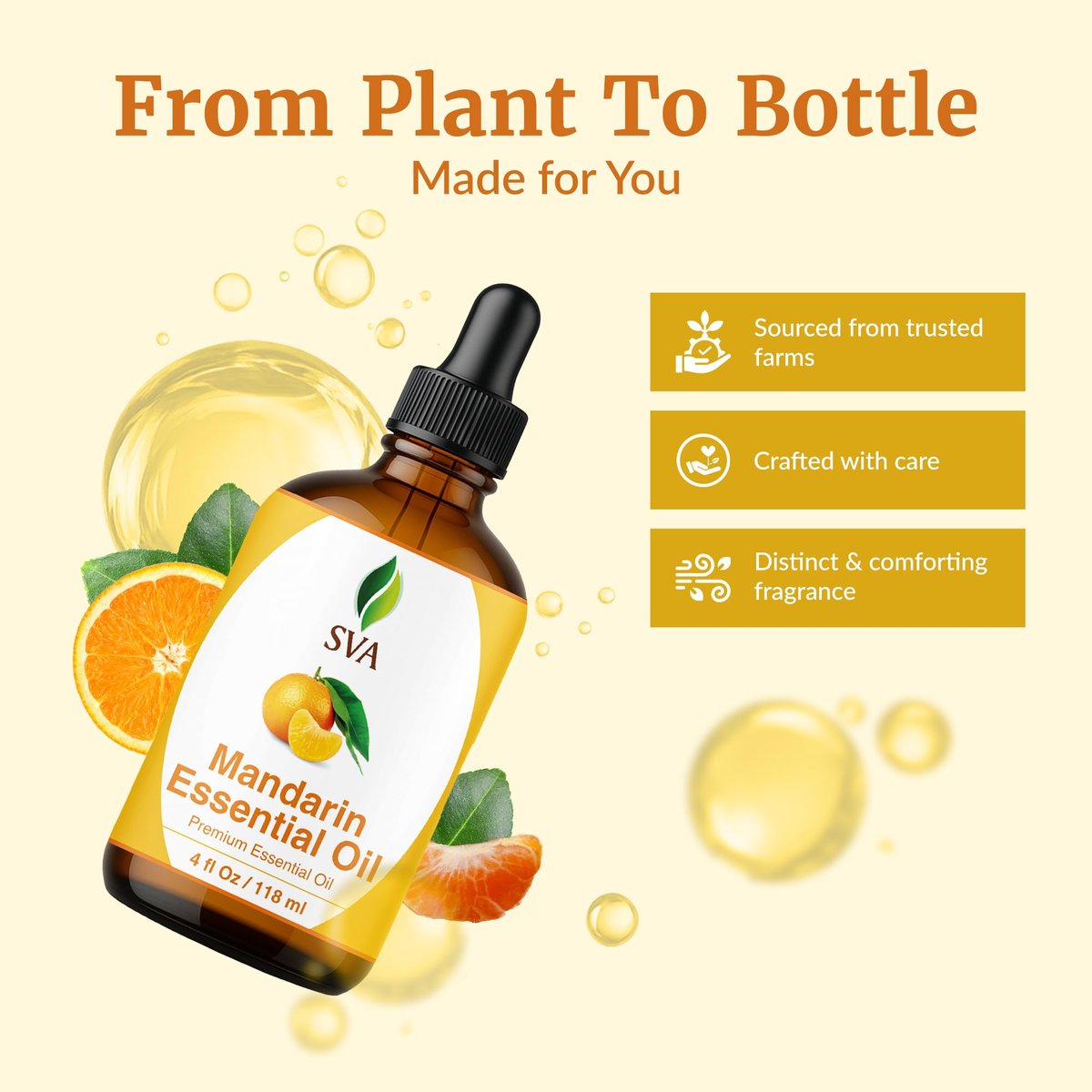 SVA Mandarin Bio Ätherisches Öl – 118 ml – 100% natürliches Mandarinenöl für Diffuser, Haarpflege, Gesicht, Hautpflege, Aromatherapie, Kopfhaut- und Körpermassage, Seifen- und Kerzenherstellung – mit Pipette