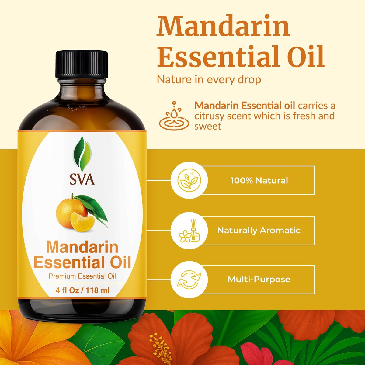 SVA Mandarin Bio Ätherisches Öl – 118 ml – 100% natürliches Mandarinenöl für Diffuser, Haarpflege, Gesicht, Hautpflege, Aromatherapie, Kopfhaut- und Körpermassage, Seifen- und Kerzenherstellung – mit Pipette