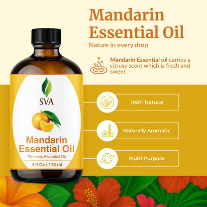 SVA Mandarin Bio Ätherisches Öl – 118 ml – 100% natürliches Mandarinenöl für Diffuser, Haarpflege, Gesicht, Hautpflege, Aromatherapie, Kopfhaut- und Körpermassage, Seifen- und Kerzenherstellung – mit Pipette